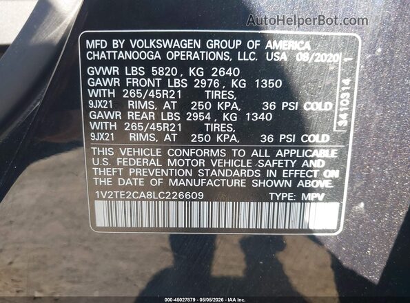 1V2TE2CA8LC226609 2020 VOLKSWAGEN ATLAS Черный Вид подкапотного пространства