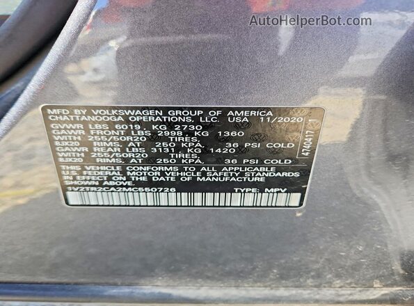 1V2TR2CA2MC550726 2021 VOLKSWAGEN ATLAS Charcoal Widok naklejki z numerem VIN
