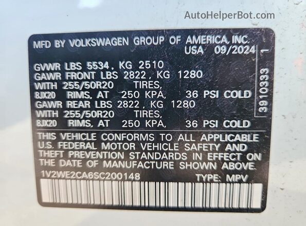 1V2WE2CA6SC200148 2025 VOLKSWAGEN ATLAS White Вид наклейки з VIN-кодом