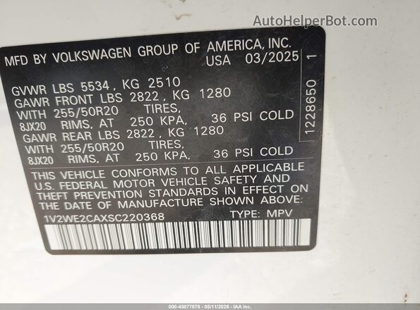 1V2WE2CAXSC220368 2025 VOLKSWAGEN ATLAS Белый Вид подкапотного пространства