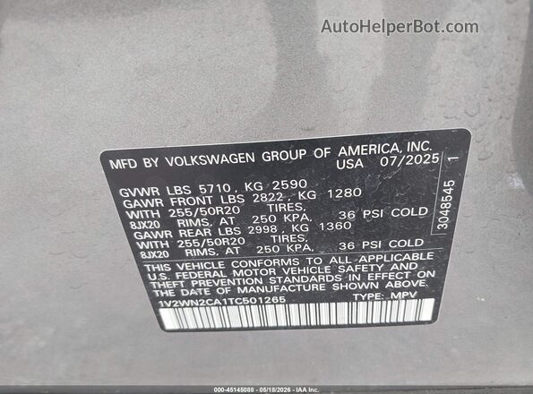1V2WN2CA1TC501265 2026 VOLKSWAGEN ATLAS Silver ძრავის განყოფილების ხედი