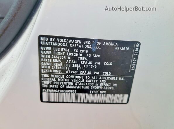 1V2WR2CA2KC553636 2019 VOLKSWAGEN ATLAS Белый Вид наклейки с VIN-кодом