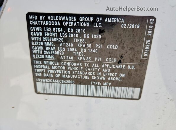 1V2WR2CA5KC542596 2019 VOLKSWAGEN ATLAS Белый Вид наклейки с VIN-кодом