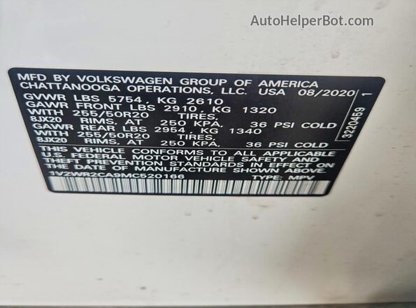1V2WR2CA9MC520166 2021 VOLKSWAGEN ATLAS Белый Вид наклейки с VIN-кодом