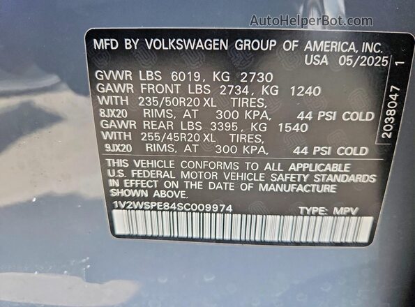 1V2WSPE84SC009974 2025 VOLKSWAGEN ID.4 Серый Вид наклейки с VIN-кодом