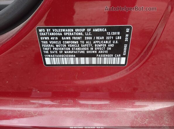1VWAS7A30GC023994 2016 VOLKSWAGEN PASSAT Красный Вид подкапотного пространства