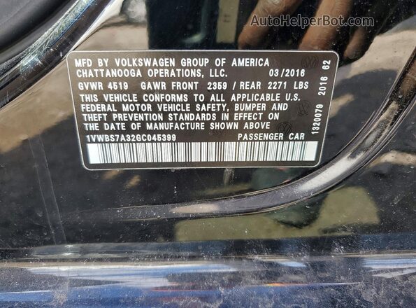 1VWBS7A32GC045399 2016 VOLKSWAGEN PASSAT Черный Вид наклейки с VIN-кодом