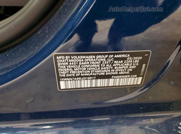 1VWMA7A39LC018917 2020 VOLKSWAGEN PASSAT Синий Вид наклейки с VIN-кодом