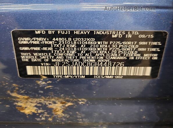 JF2SJADC8GH448726 2016 SUBARU FORESTER Blue Панорамний вид салону 360°