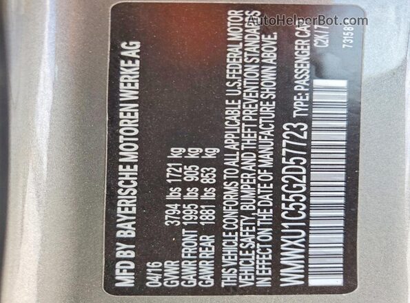 WMWXU1C55G2D57723 2016 MINI COOPER Серый Вид наклейки с VIN-кодом