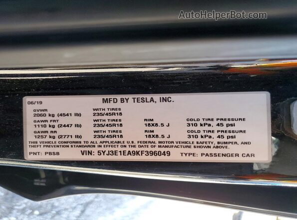 5YJ3E1EA9KF396049 2019 TESLA MODEL Black სალონის 360-გრადუსიანი ხედი