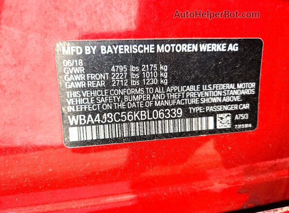 WBA4J3C56KBL06339 2019 BMW OTHER Red Vista de la etiqueta del VIN
