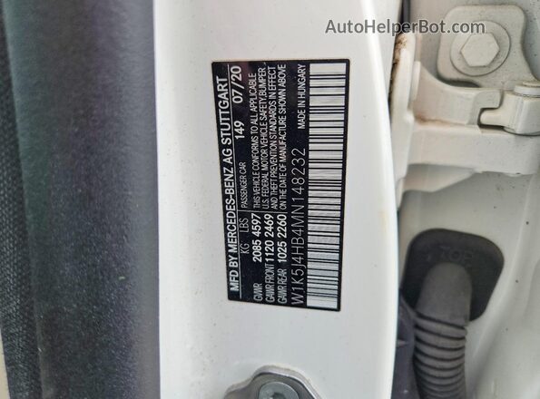 W1K5J4HB4MN148232 2021 MERCEDES-BENZ CLA-CLASS White VIN კოდის სტიკერის ხედი