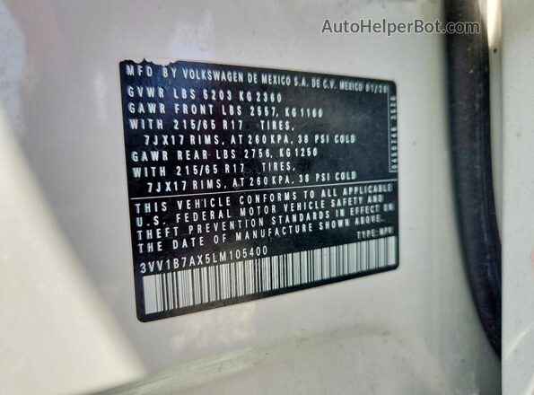 3VV1B7AX5LM105400 2020 VOLKSWAGEN TIGUAN White 