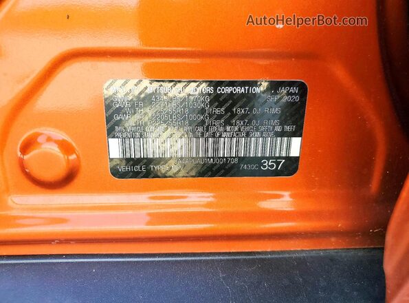 JA4APUAU1MU001708 2021 MITSUBISHI OUTLANDER Orange Widok naklejki z numerem VIN