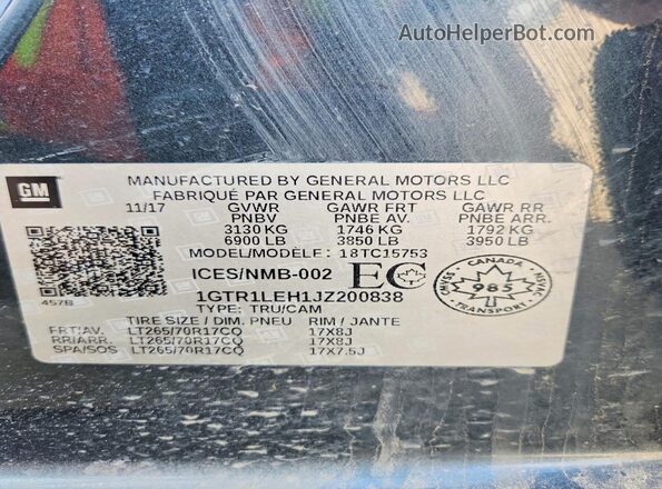 1GTR1LEH1JZ200838 2018 GMC SIERRA Синий Вид наклейки с VIN-кодом