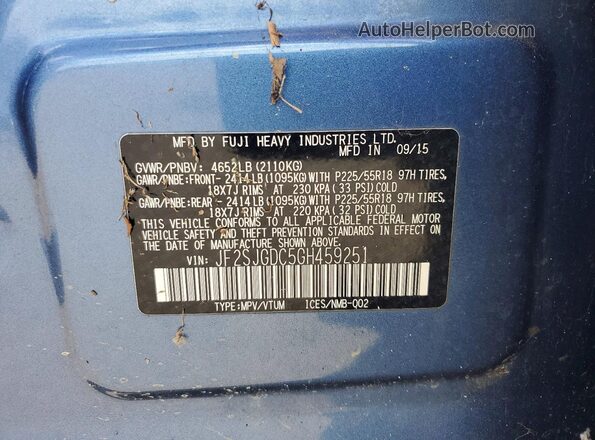 JF2SJGDC5GH459251 2016 SUBARU FORESTER2. Синий Панорамный вид салона 360°