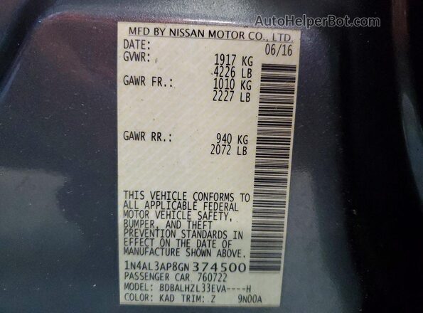 1N4AL3AP8GN374500 2016 NISSAN ALTIMA Gray Vista del compartimento del motor
