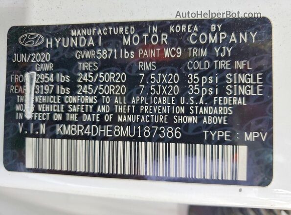 KM8R4DHE8MU187386 2021 HYUNDAI PALISADE Белый Панорамный вид салона 360°