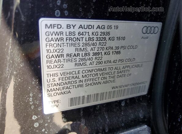 WA1EVAF12KD040521 2019 AUDI Q8 Black 360 interior view
