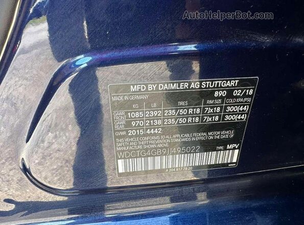 WDCTG4GB9JJ495022 2018 MERCEDES-BENZ GLA Синий Вид задней части салона