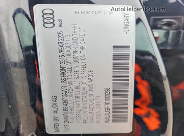 WAUAUGFF7K1009298 2019 AUDI A3 Черный Вид наклейки с VIN-кодом