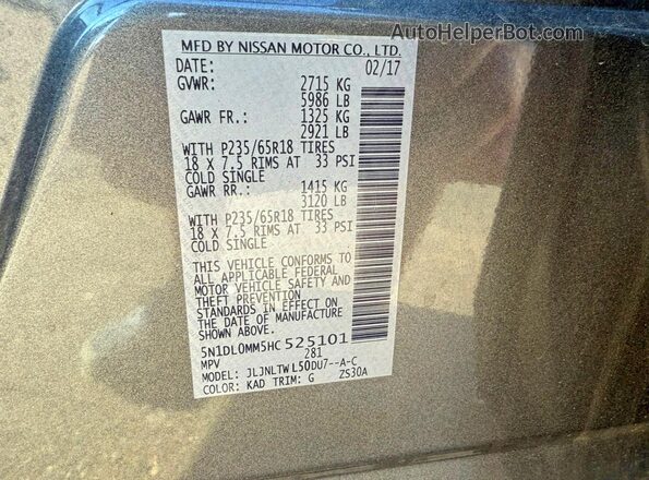 5N1DL0MM5HC525101 2017 INFINITI QX60 Charcoal Widok wnętrza z tyłu