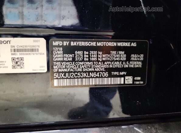 5UXJU2C53KLN64706 2019 BMW X5 Черный Панорамный вид салона 360°