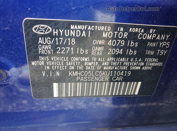 KMHC05LC5KU110419 2019 HYUNDAI IONIQ Blue VIN კოდის სტიკერის ხედი