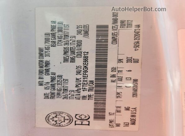 1FTEX1EF6GKE66812 2016 FORD F150 Белый Вид наклейки с VIN-кодом