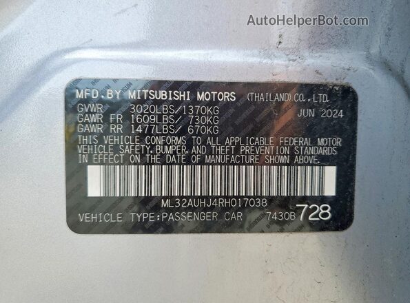 ML32AUHJ4RH017038 2024 MITSUBISHI MIRAGE Серебряный Вид наклейки с VIN-кодом
