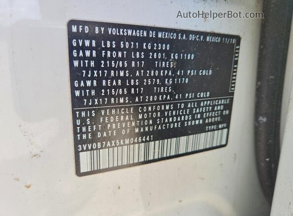 3VV0B7AX5KM046441 2019 VOLKSWAGEN TIGUAN White Панорамний вид салону 360°