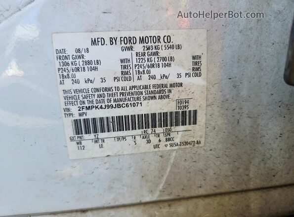 2FMPK4J99JBC61071 2018 FORD EDGE Белый Вид наклейки с VIN-кодом