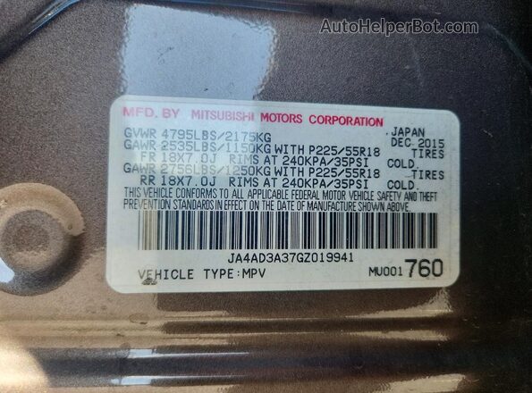 JA4AD3A37GZ019941 2016 MITSUBISHI OUTLANDER Gray Widok naklejki z numerem VIN