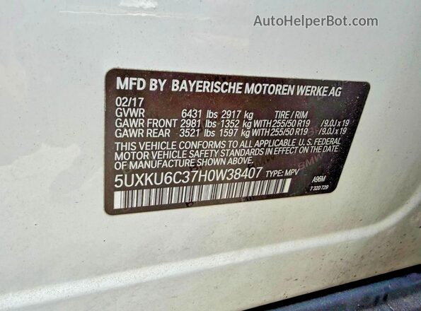 5UXKU6C37H0W38407 2017 BMW X6 White Вид задньої частини салону