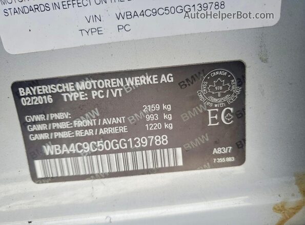 WBA4C9C50GG139788 2016 BMW OTHER Серебряный Вид наклейки с VIN-кодом