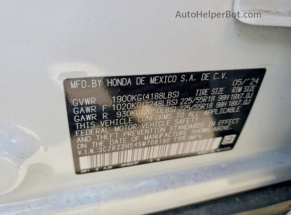 3CZRZ2H54SM708190 2025 HONDA HR-V White Панорамний вид салону 360°