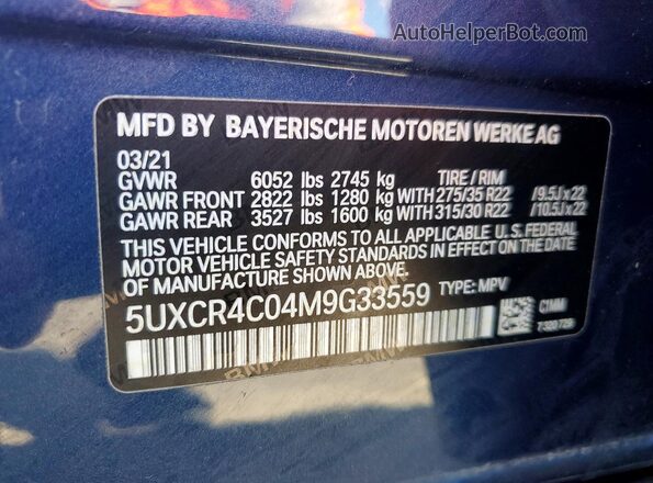 5UXCR4C04M9G33559 2021 BMW X5 Синий Панорамный вид салона 360°