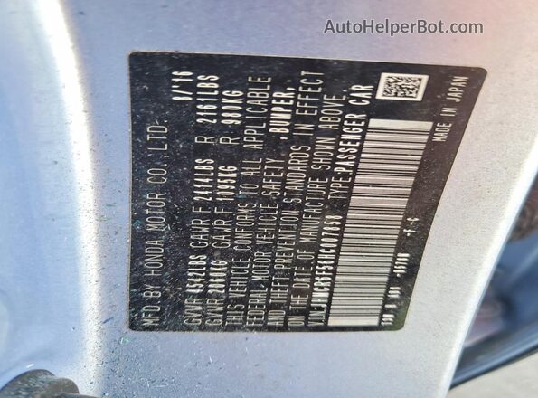 JHMCR6F56HC007858 2017 HONDA ACCORD Blue Vista de la etiqueta del VIN