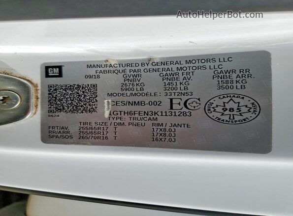 1GTH6FEN3K1131283 2019 GMC CANYON Белый Вид наклейки с VIN-кодом