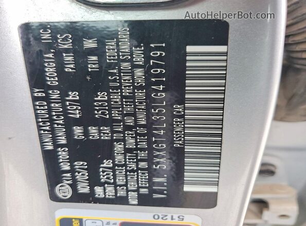 5XXGT4L35LG419791 2020 KIA OPTIMA Серебряный Вид наклейки с VIN-кодом