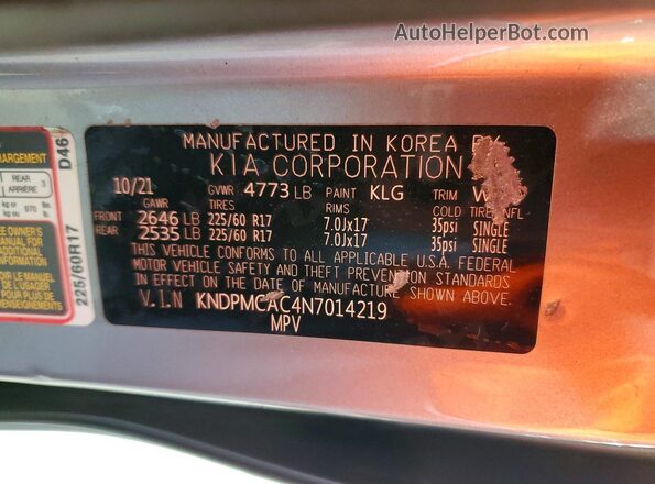 KNDPMCAC4N7014219 2022 KIA SPORTAGE Серебряный Вид наклейки с VIN-кодом