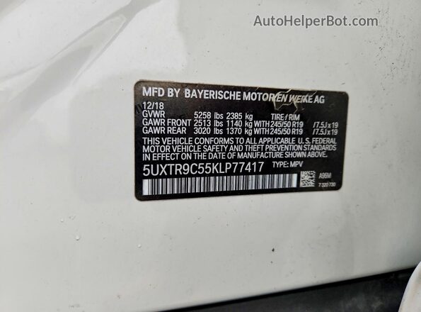5UXTR9C55KLP77417 2019 BMW X3 Белый Вид наклейки с VIN-кодом