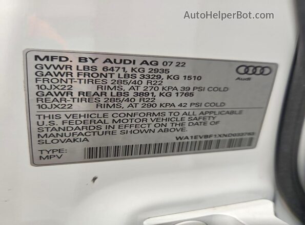 WA1EVBF1XND033763 2022 AUDI Q8 Белый Панорамный вид салона 360°
