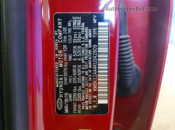 KM8K12AA4KU342809 2019 HYUNDAI KONA Красный Вид наклейки с VIN-кодом