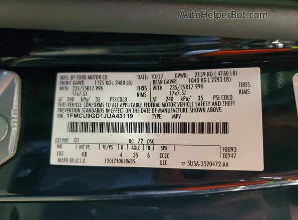 1FMCU9GD1JUA43119 2018 FORD ESCAPE Черный Вид наклейки с VIN-кодом