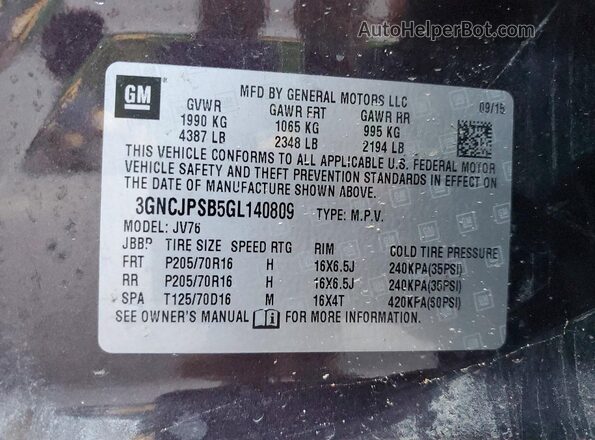 3GNCJPSB5GL140809 2016 CHEVROLET TRAX Charcoal Vista de la etiqueta del VIN