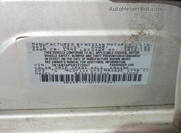 3N1AB7AP5HY279047 2017 NISSAN SENTRA Silver Widok naklejki z numerem VIN