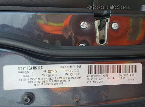 2C3CCAAG1GH351273 2016 CHRYSLER 300 Угольный Вид наклейки с VIN-кодом