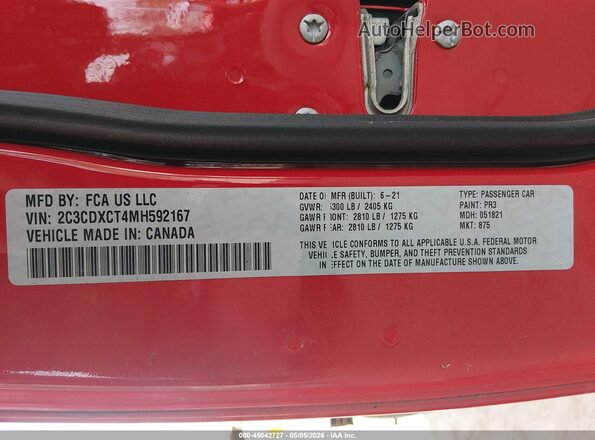 2C3CDXCT4MH592167 2021 DODGE CHARGER Красный Вид подкапотного пространства